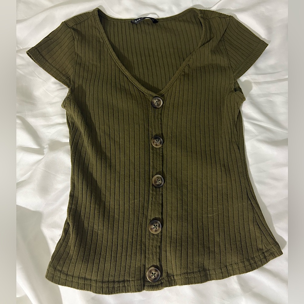SHEIN Khaki Green Button Up Crop Top